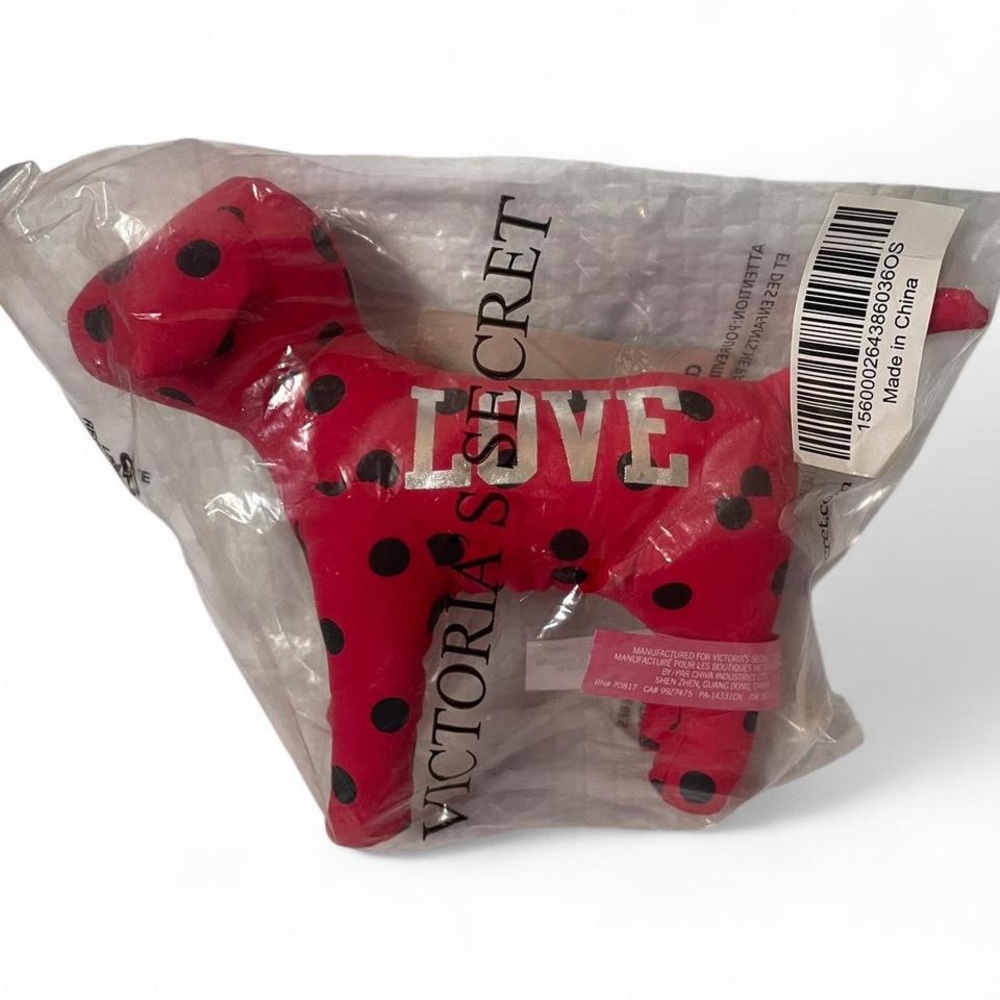 2010 Victoria's Secret NWT PINK Dog Plush • Red/Black Polka Dots • Preppy Decor